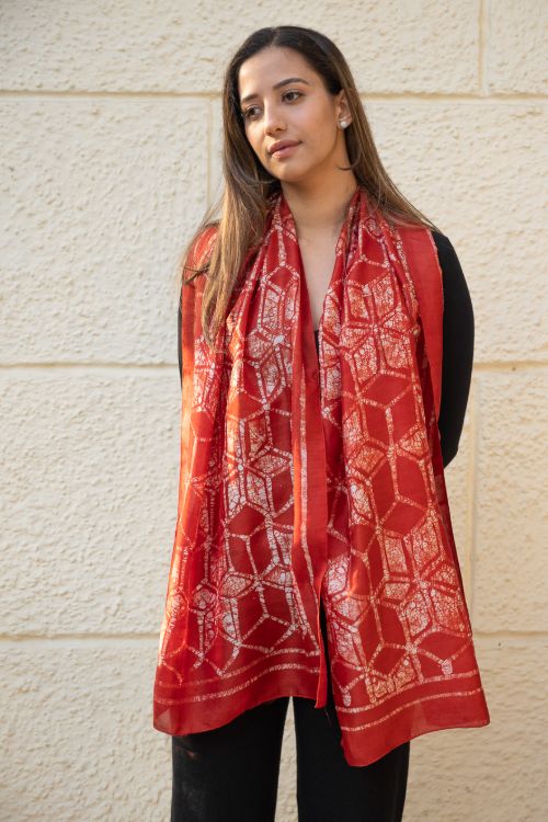 TICH Light & Elegant Silk Batik Stole - Red Honeycomb - Image 3