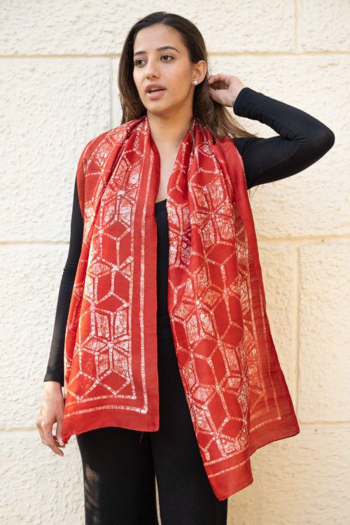 TICH Light & Elegant Silk Batik Stole - Red Honeycomb - Image 4