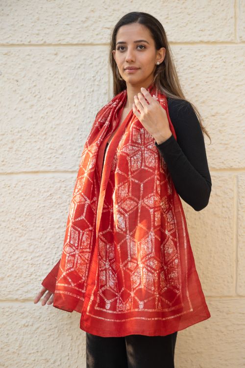 TICH Light & Elegant Silk Batik Stole - Red Honeycomb - Image 5