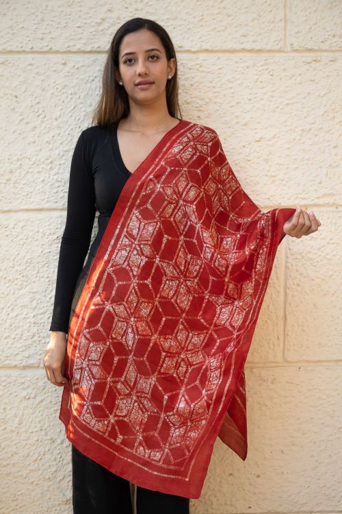 TICH Light & Elegant Silk Batik Stole - Red Honeycomb - Image 7