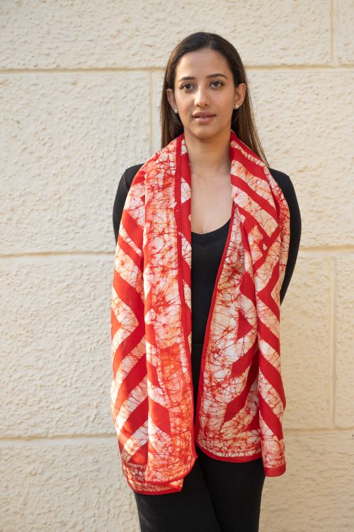 TICH Light & Elegant Silk Batik Stole - Red Stripes - Image 2