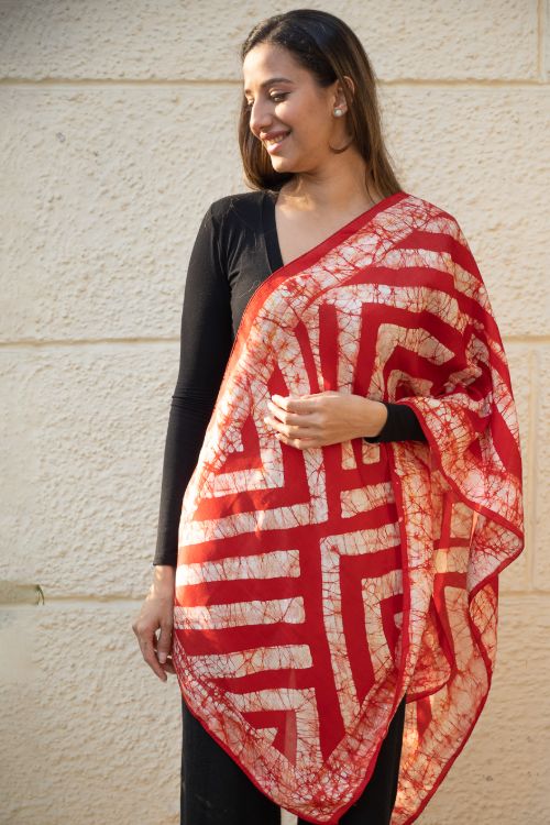 TICH Light & Elegant Silk Batik Stole - Red Stripes - Image 3