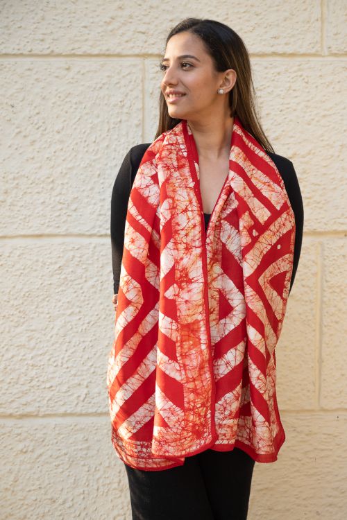 TICH Light & Elegant Silk Batik Stole - Red Stripes - Image 4