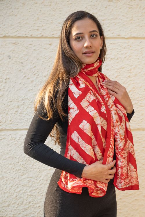 TICH Light & Elegant Silk Batik Stole - Red Stripes - Image 5
