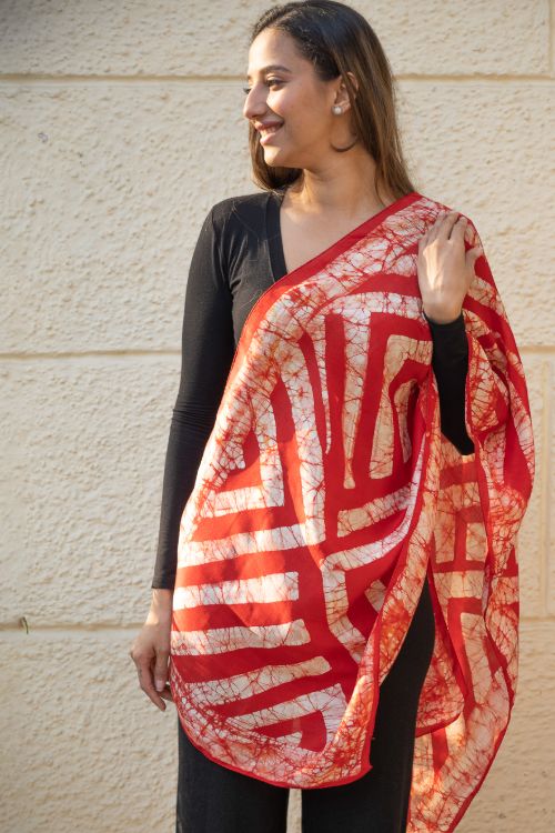 TICH Light & Elegant Silk Batik Stole - Red Stripes - Image 6