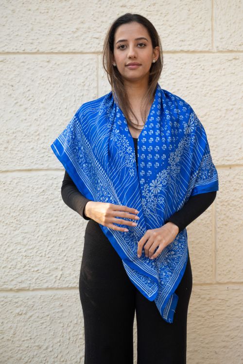 TICH Light & Elegant Silk Printed Stole - Royal Blue Flora