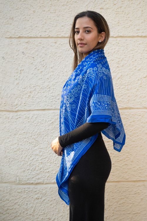 TICH Light & Elegant Silk Printed Stole - Royal Blue Flora - Image 2