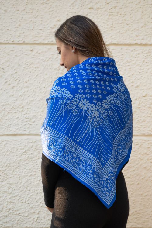 TICH Light & Elegant Silk Printed Stole - Royal Blue Flora - Image 4