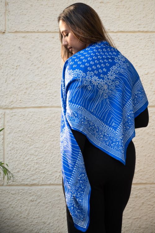 TICH Light & Elegant Silk Printed Stole - Royal Blue Flora - Image 5