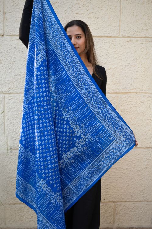 TICH Light & Elegant Silk Printed Stole - Royal Blue Flora - Image 6