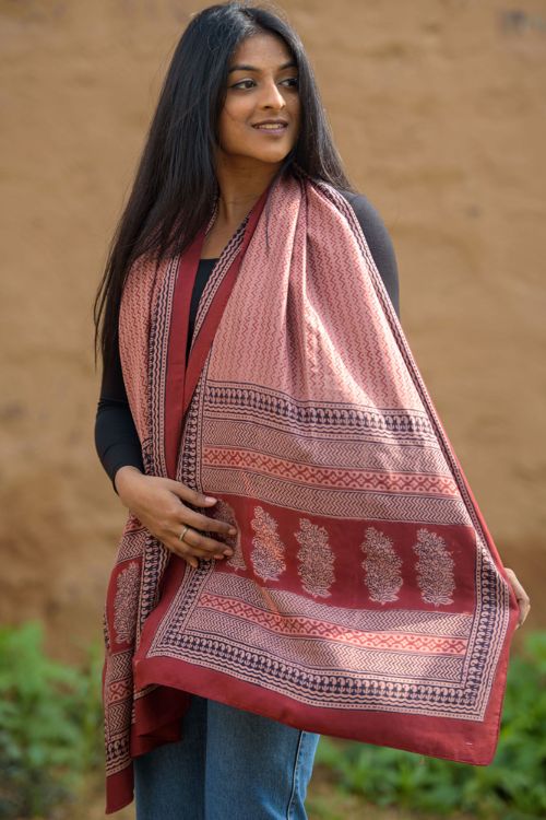 TICH Pure Silk Bagh Printed Stole - Red Pattern
