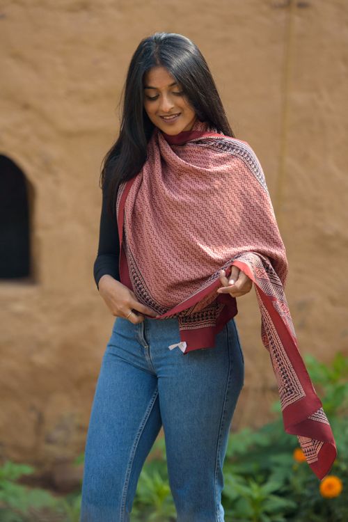 TICH Pure Silk Bagh Printed Stole - Red Pattern - Image 3