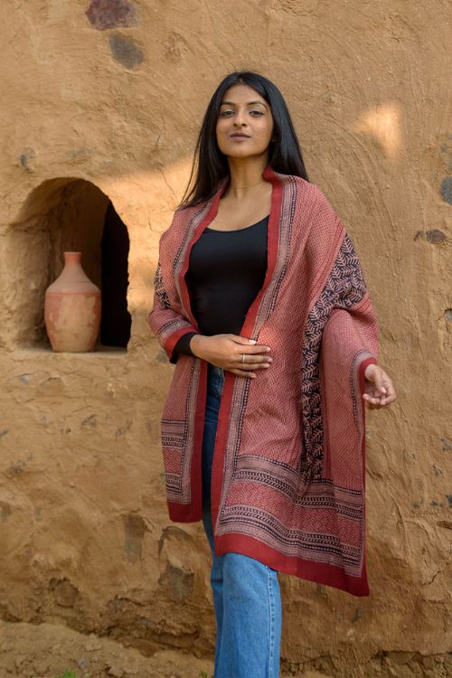 TICH Pure Silk Bagh Printed Stole - Red Stripes - Image 3