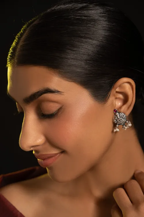 TICH Pure Silver Traditional Maharashtrian Earrings - Kamalini Studs - Image 2