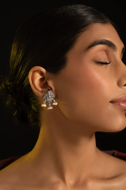TICH Pure Silver Traditional Maharashtrian Earrings - Kamalini Studs - Image 3