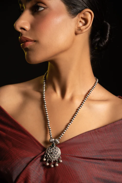 TICH Pure Silver Traditional Maharashtrian Neckpiece - Gulab - Image 3