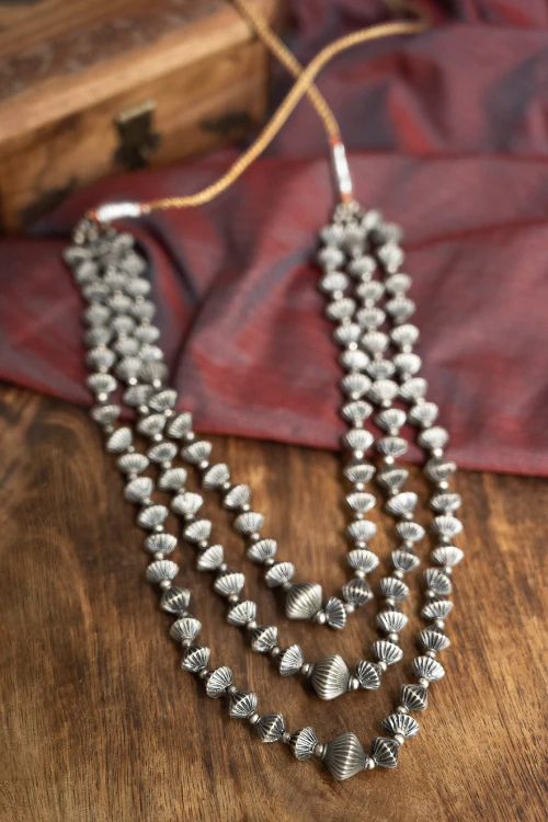 TICH Pure Silver Traditional Maharashtrian Neckpiece - Javmani, Tri-String - Image 2