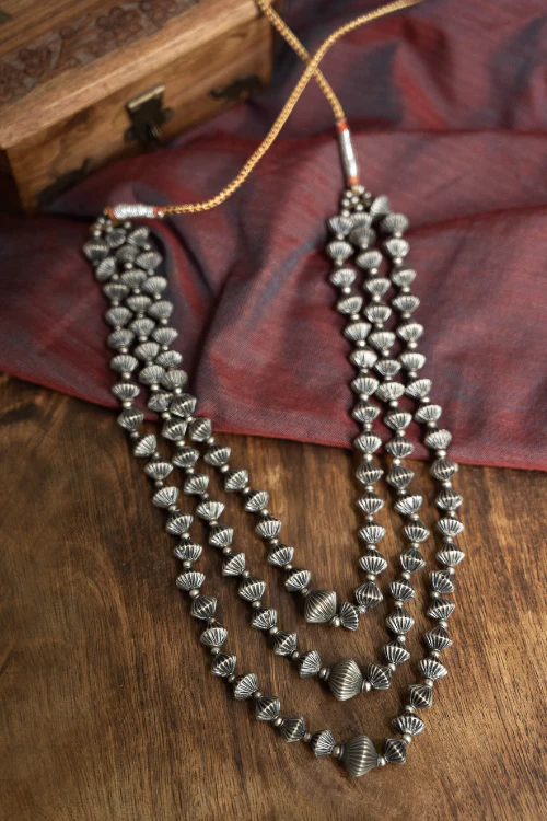 TICH Pure Silver Traditional Maharashtrian Neckpiece - Javmani, Tri-String - Image 4