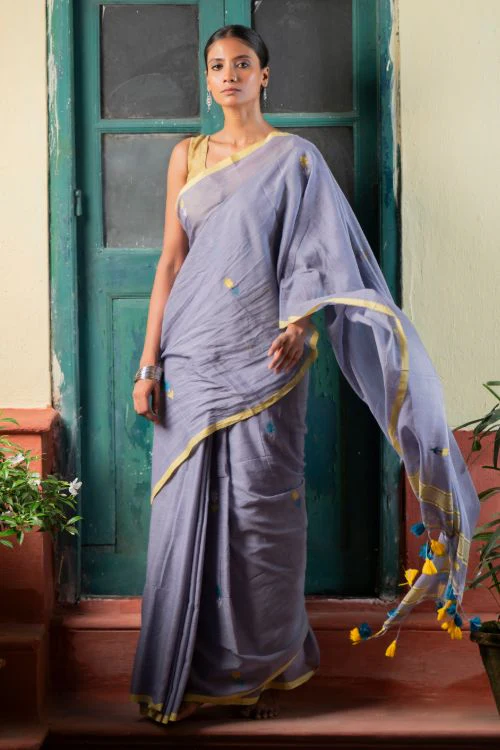 TICH Soft & Light. Handwoven Bengal Cotton Saree - Ashleaf - Image 5
