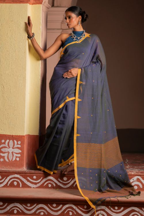 TICH Soft & Light. Handwoven Bengal Cotton Saree - Charcoal Mustard - Image 4