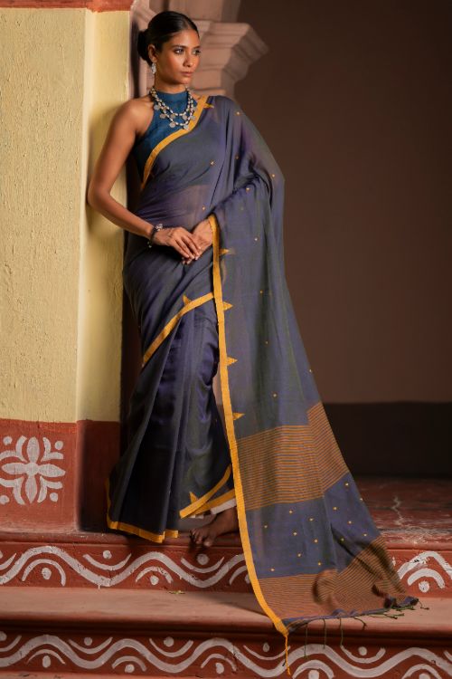 TICH Soft & Light. Handwoven Bengal Cotton Saree - Charcoal Mustard - Image 5