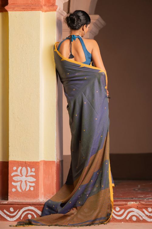 TICH Soft & Light. Handwoven Bengal Cotton Saree - Charcoal Mustard - Image 7