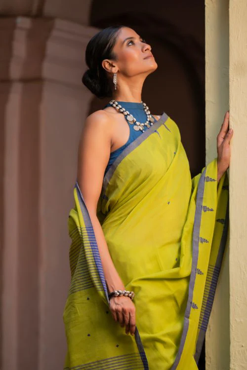 TICH Soft & Light. Handwoven Bengal Cotton Saree - Citrine Haze - Image 5