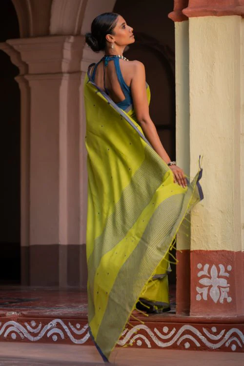 TICH Soft & Light. Handwoven Bengal Cotton Saree - Citrine Haze - Image 7