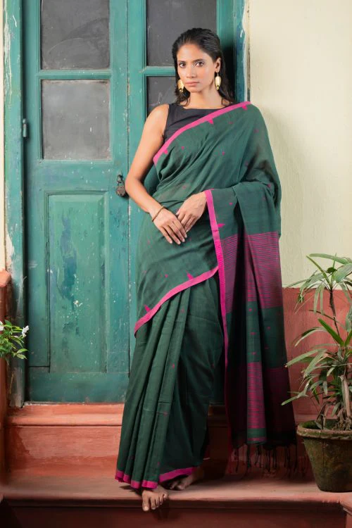 TICH Soft & Light. Handwoven Bengal Cotton Saree - Garden Noir - Image 2