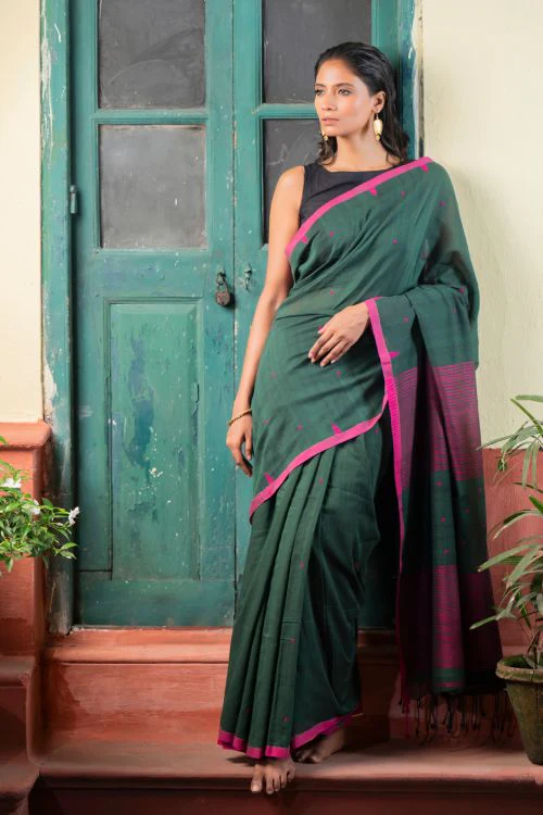 TICH Soft & Light. Handwoven Bengal Cotton Saree - Garden Noir - Image 3
