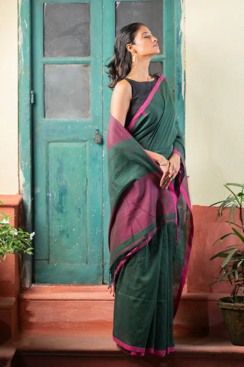TICH Soft & Light. Handwoven Bengal Cotton Saree - Garden Noir - Image 4