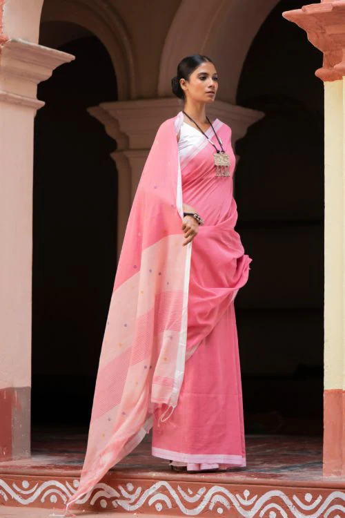 TICH Soft & Light. Handwoven Bengal Cotton Saree - Gulabsi - Image 4