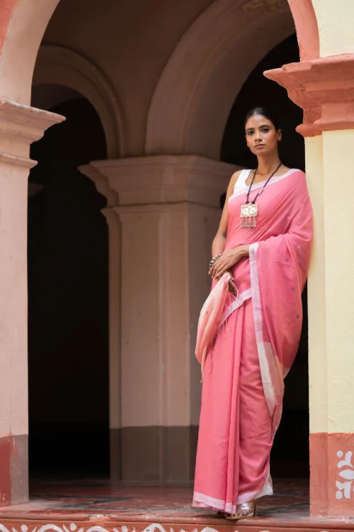 TICH Soft & Light. Handwoven Bengal Cotton Saree - Gulabsi - Image 7