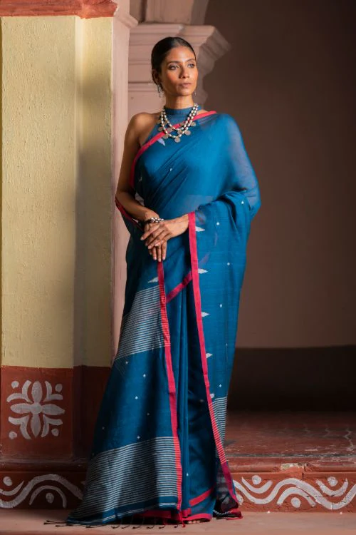 TICH Soft & Light. Handwoven Bengal Cotton Saree - Inkrose - Image 4