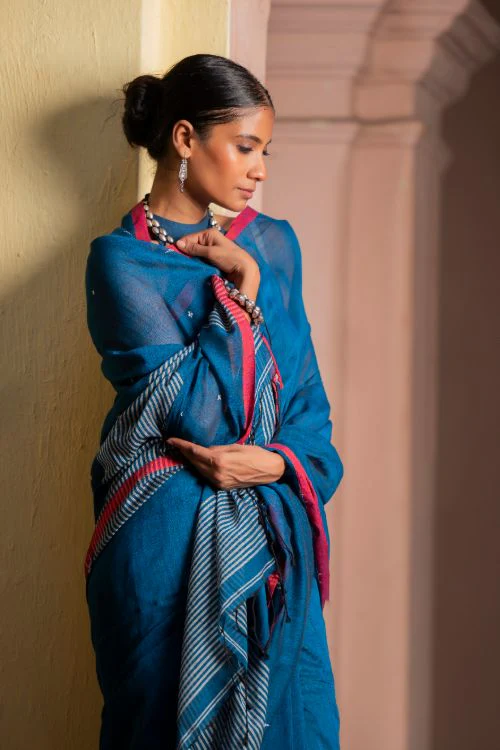 TICH Soft & Light. Handwoven Bengal Cotton Saree - Inkrose - Image 7