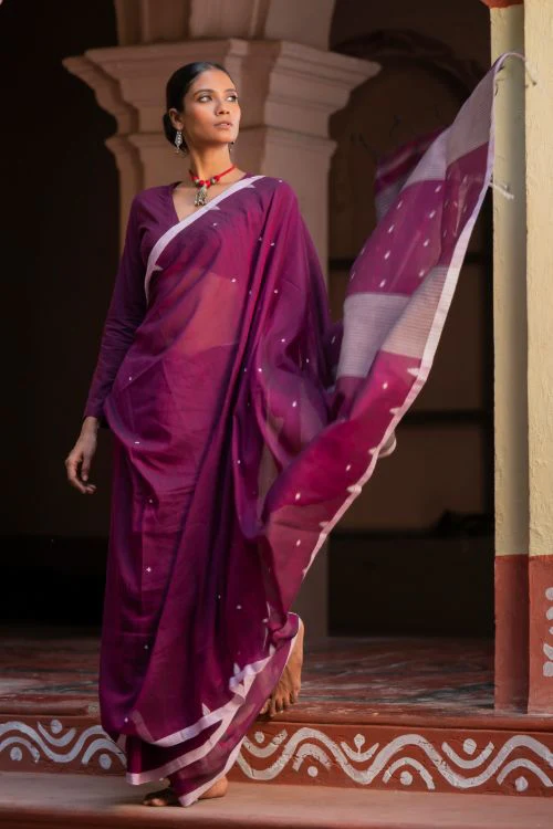 TICH Soft & Light. Handwoven Bengal Cotton Saree - Maroon Reverie - Image 5