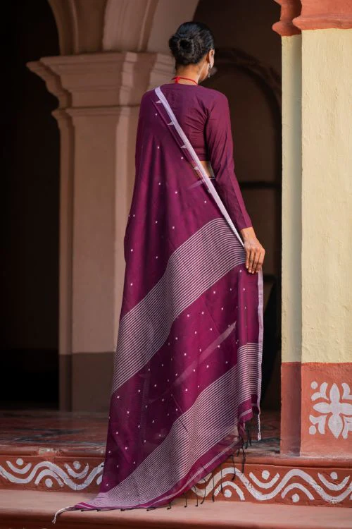 TICH Soft & Light. Handwoven Bengal Cotton Saree - Maroon Reverie - Image 6