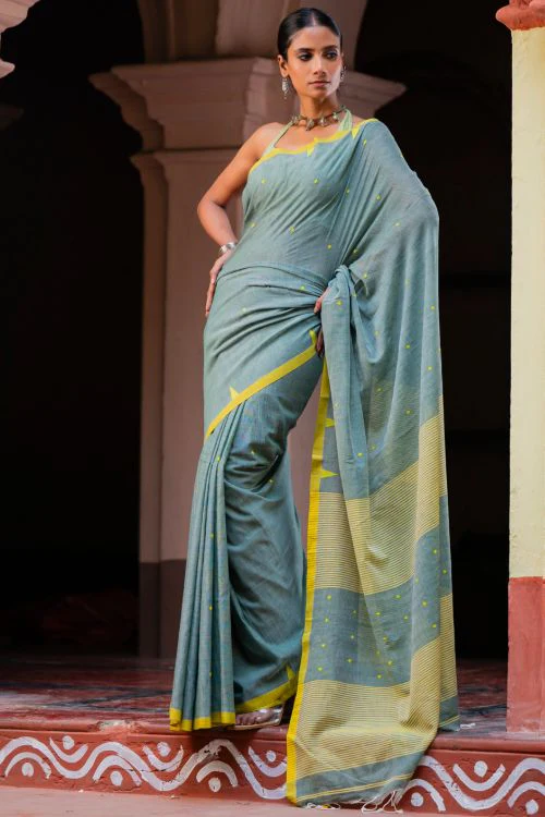TICH Soft & Light. Handwoven Bengal Cotton Saree - Megh - Image 6
