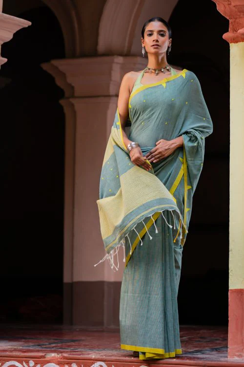 TICH Soft & Light. Handwoven Bengal Cotton Saree - Megh - Image 7