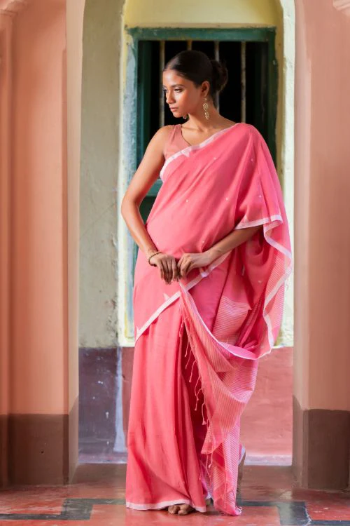 TICH Soft & Light. Handwoven Bengal Cotton Saree - Pink Elegance