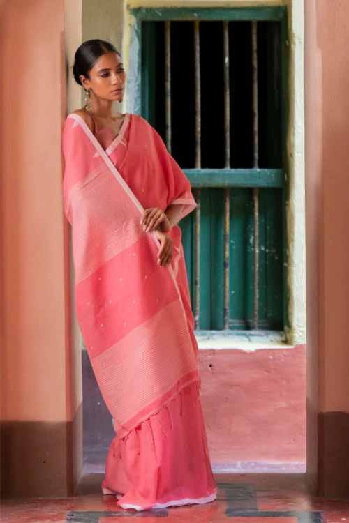 TICH Soft & Light. Handwoven Bengal Cotton Saree - Pink Elegance - Image 2