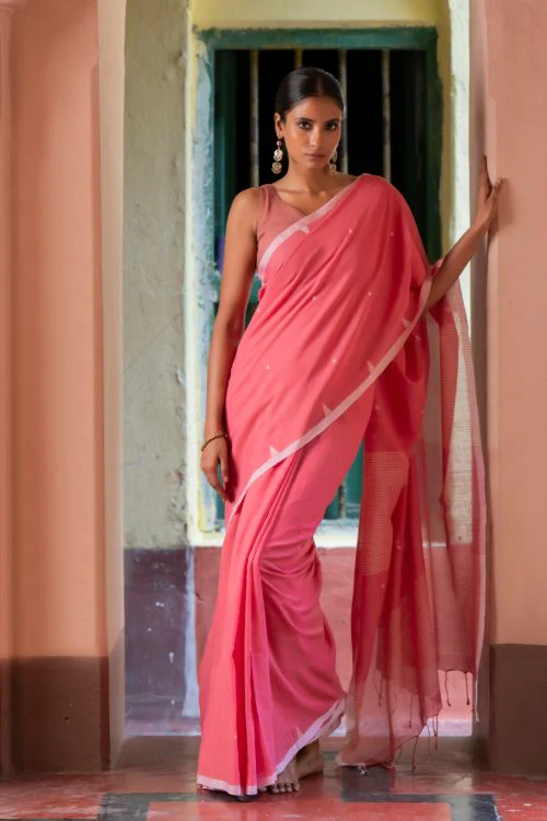 TICH Soft & Light. Handwoven Bengal Cotton Saree - Pink Elegance - Image 3