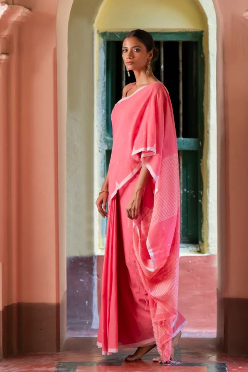 TICH Soft & Light. Handwoven Bengal Cotton Saree - Pink Elegance - Image 6