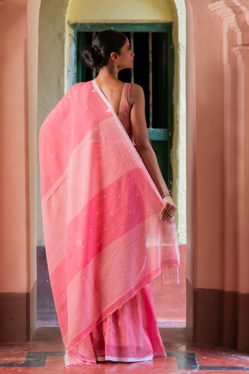 TICH Soft & Light. Handwoven Bengal Cotton Saree - Pink Elegance - Image 7