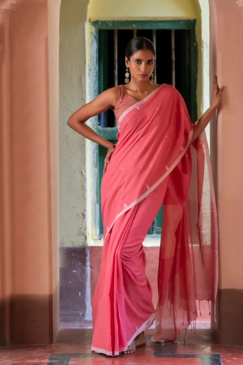 TICH Soft & Light. Handwoven Bengal Cotton Saree - Pink Elegance - Image 8