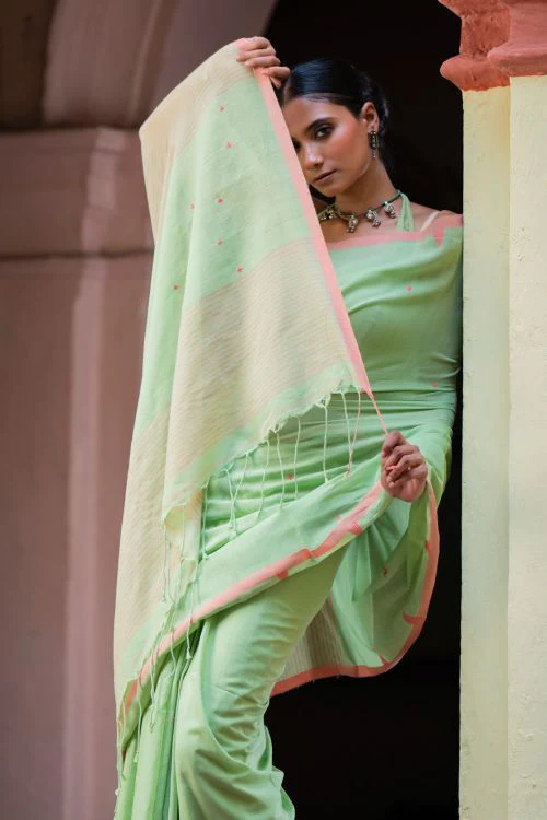 TICH Soft & Light. Handwoven Bengal Cotton Saree - Pistamora - Image 7
