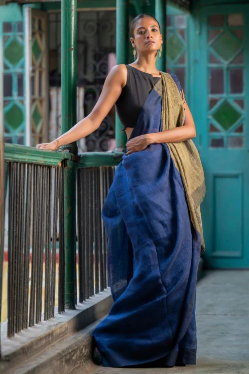 TICH Stunning Elegance. Handwoven Bengal Linen Saree - Indigo Drape - Image 11