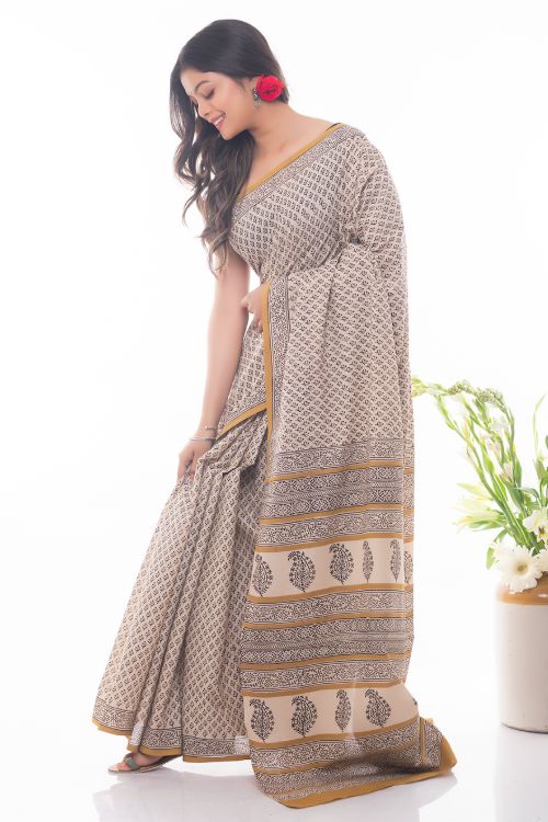 TICH Summer Classics. Bagru Block Printed Mulmul Cotton Saree - Ochre & Black Florets - Image 4