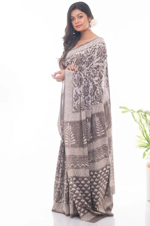 TICH Summer Classics. Dabu Block Printed Cotton Saree - Dull White & Brown Leaves