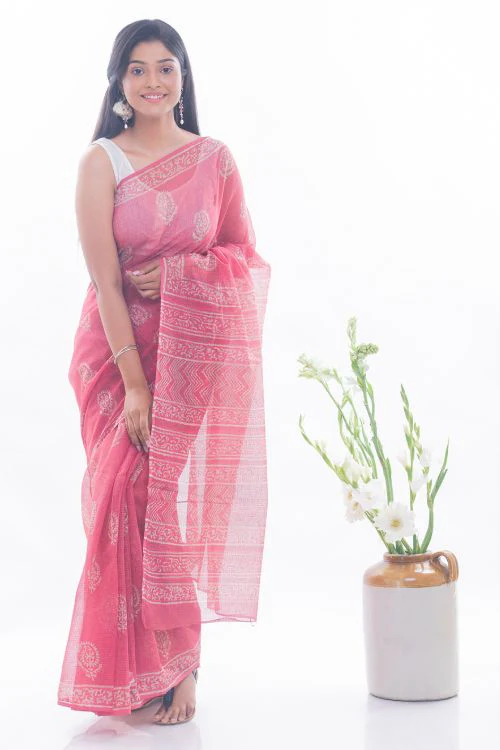 TICH Summer Moods. Dabu Block Printed Kota Doria Saree - Pink Paisleys - Image 3